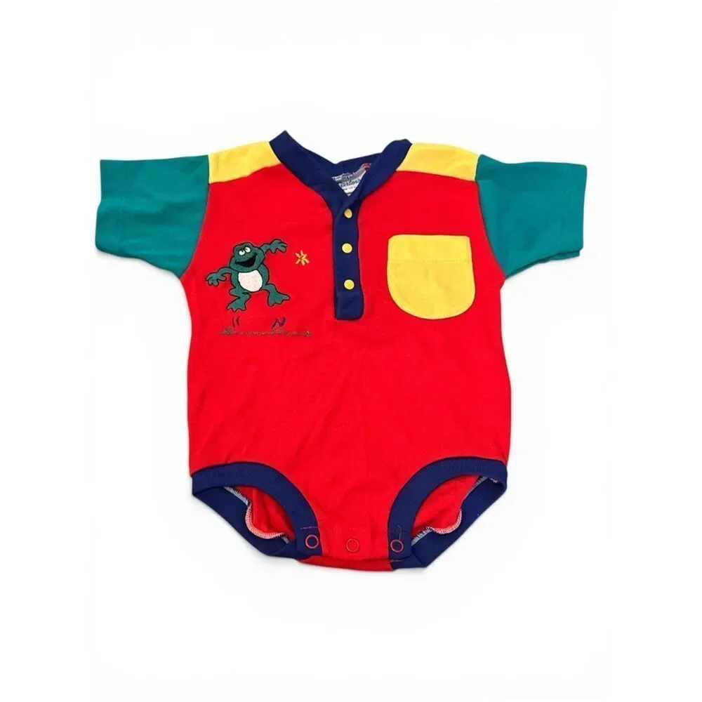 CARTER'S Vintage 90s Made In USA Frog Embroidered Colorblock Baby Romper